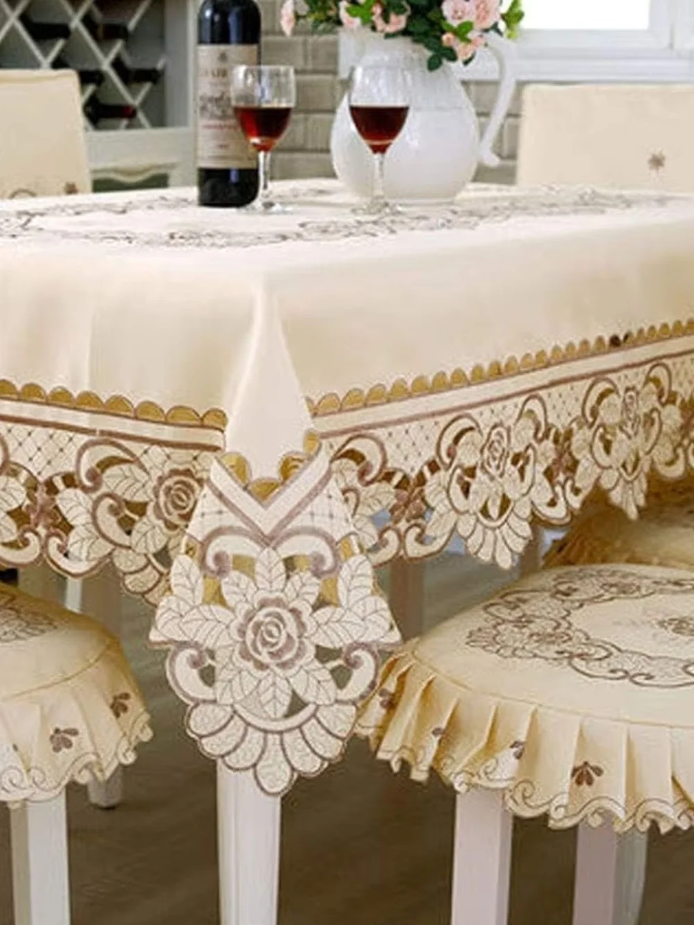 Embroidered Square Lace Tablecloth in Beige with Floral Border 50 Inch